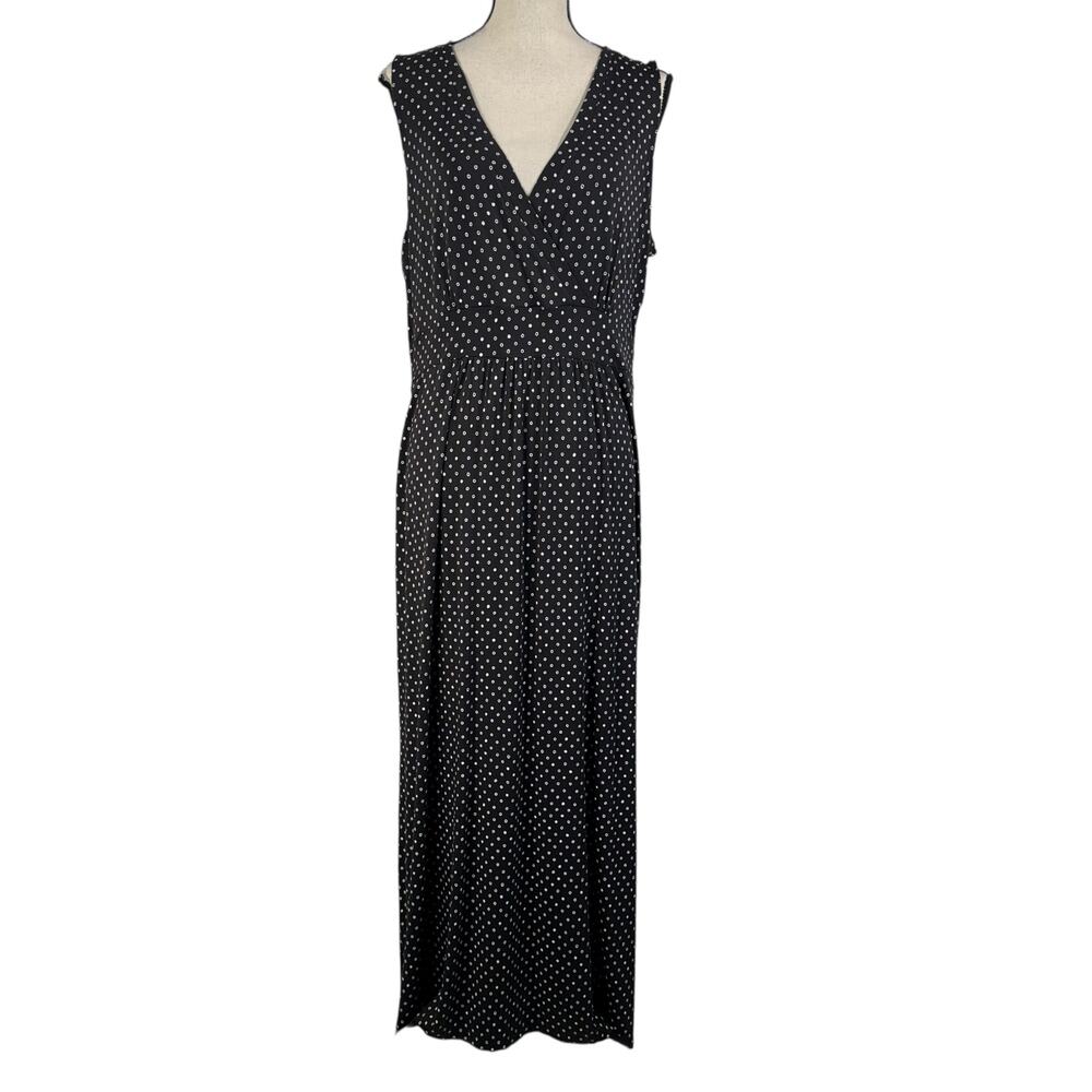 L.L. Bean X-Large Maxi Dress Polka Dot Empire Waist Sleeveless Stretch V-Neck